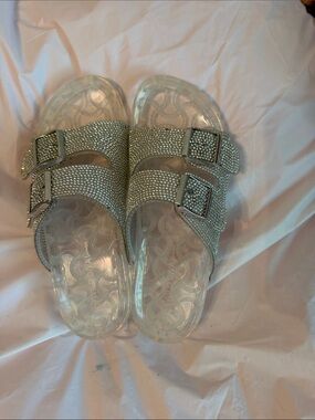 Mudd women’s Rhinestone Double-Buckle Slide Sandals in Silver